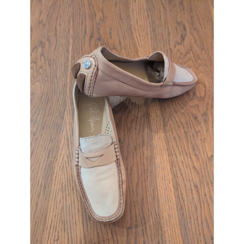 Cole Haan Womens Sz 6 Beige Canvas Gold Leather Loafer Slip On Driving Shoes